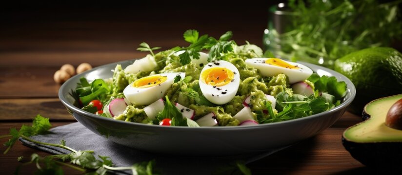 Avocado and egg salad served on the desk that promotes good health Copy space image Place for adding text or design