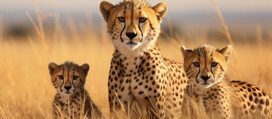 Cheetah mom and two older cubs located in Masai Mara Kenya Copy space image Place for adding text or design
