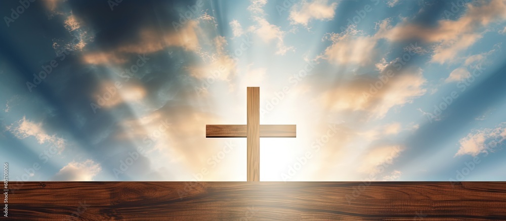 Aufkleber christian concept depicted by a wooden cross against a sky copy space image place for adding text or