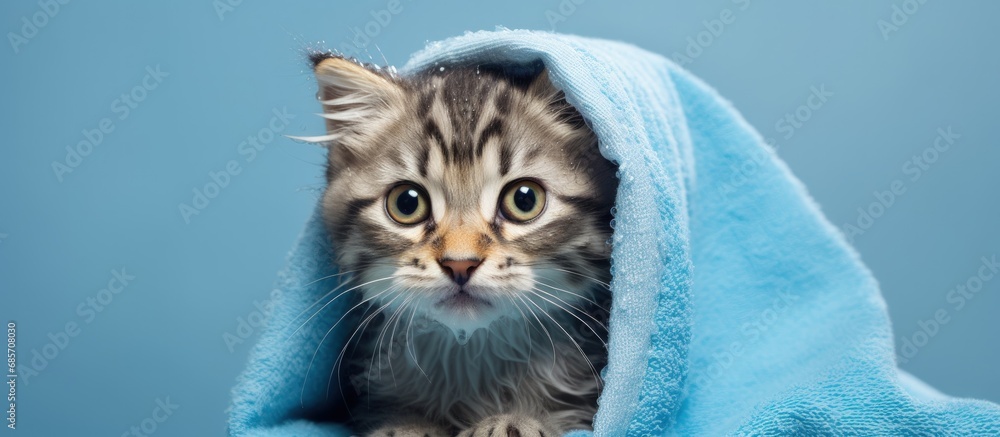Poster After a bath a cute gray tabby kitten with big eyes is wrapped in a towel Copy space image Place for adding text or design