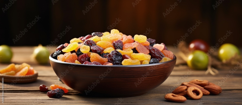 Poster dried fruits mix in bowl old wooden background selective focus copy space image place for adding tex