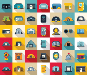Bomb shelter icons set flat vector. Bunker safe attack. Aid carry away