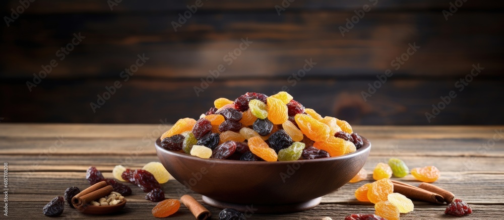 Aufkleber Dried fruits mix in bowl old wooden background selective focus Copy space image Place for adding text or design