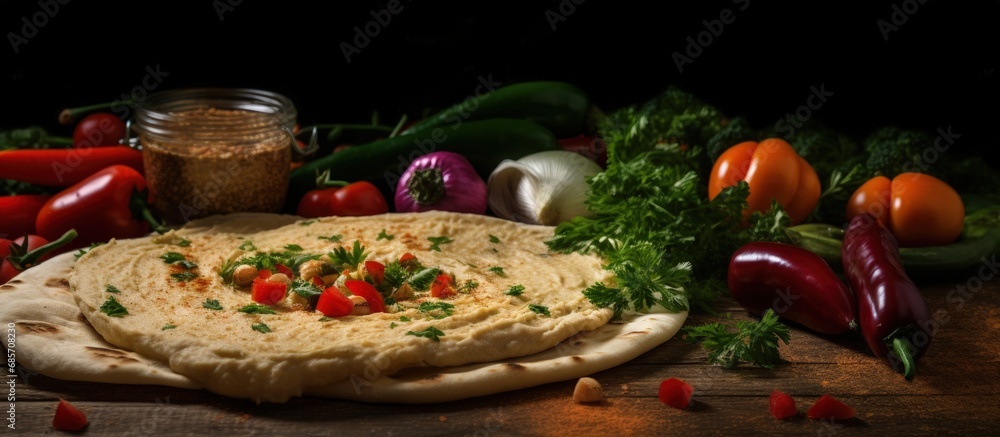Poster Closeup of veggie filled tortilla with hummus on table Copy space image Place for adding text or design
