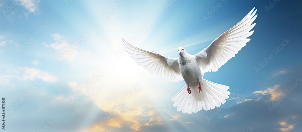 Aufkleber christian symbol of bright light shining from heaven is the holy spirit dove soaring in the blue sky