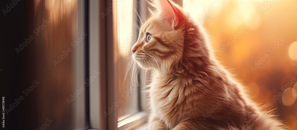 Poster Cute red cat observing from scratching tower Copy space image Place for adding text or design