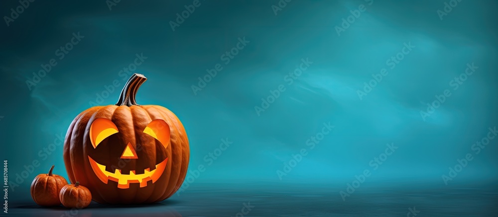 Poster blue background with a creative halloween concept and kids pumpkin craft copy space image place for 