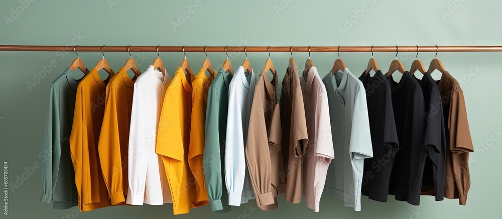 Poster Detailed view of garments on a hanging display Copy space image Place for adding text or design