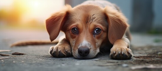 Depressed red dog lying down close up photo of muzzle and paws showing emotions in eyes Taking a...