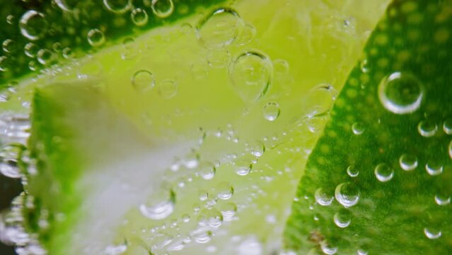 Bubbly Drink and Lime Slices in Glass Cup Close Up. Making Sour Alcoholic Cocktail of Vodka or White Rum at Home on Studio Shot in Macro. Drinking Sparkling Water as Detox Fluid or Pure Mineral Aqua