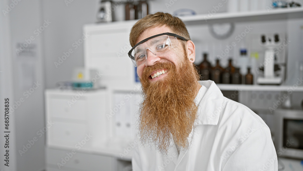 Poster Smiling young redhead scientist, full of confidence, man in lab sporting secure glasses