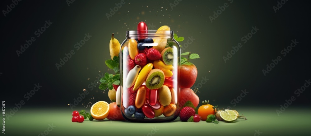 Aufkleber Concept of health nutrition and vitamin capsules with various fruits illustrated in 3D Copy space image Place for adding text or design