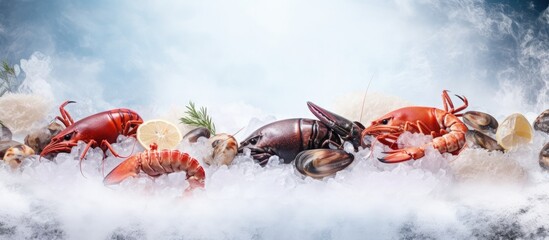 Assorted fresh seafood including lobster salmon and various shellfish displayed on ice in a seafood market Copy space image Place for adding text or design - obrazy, fototapety, plakaty