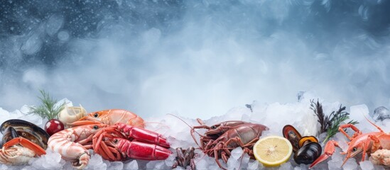 Assorted fresh seafood including lobster salmon and various shellfish displayed on ice in a seafood market Copy space image Place for adding text or design - Powered by Adobe