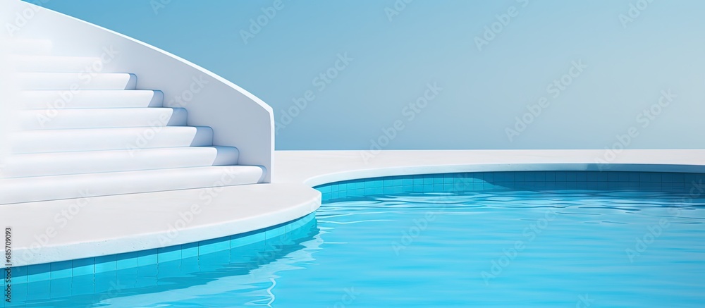 Poster Curved stairs lead to a pool with blue water Copy space image Place for adding text or design