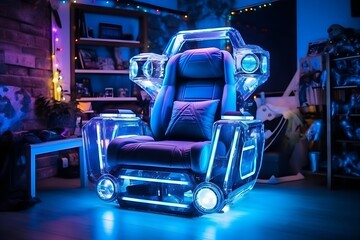 Elegantly designed cyberpunk chair aglow with neon blue lights, offering a perfect blend of electric style and contemporary comfort.