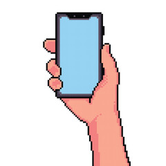 Hand holding phone, catch the phone, 8 bit pixel art, vector illustration isolated on white background.
