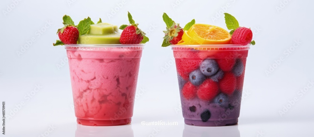 Poster Berry mojito and regular mojito fruity drinks in plastic cups isolated on white Copy space image Place for adding text or design