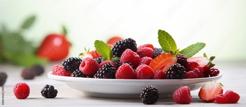 Aufkleber Assorted fresh fruits and berries on a white plate placed on an off white table with a selective focus Copy space image Place for adding text or design