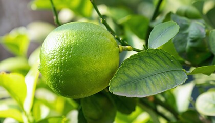 Detail of a green lemon and leaves on a tree in the sunlight