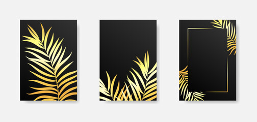 Tropical cover with golden palm leaves template set. Design of brochures and greeting cards.