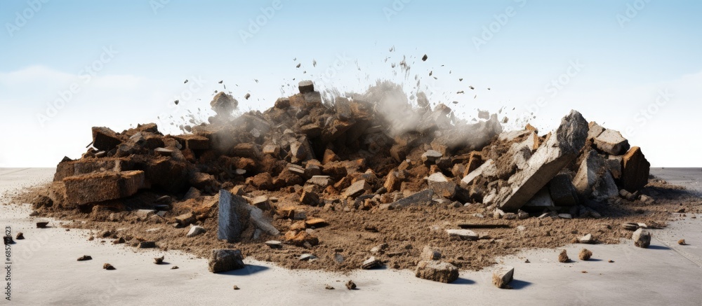 Poster debris from demolished concrete roads left on the ground for construction copy space image place for