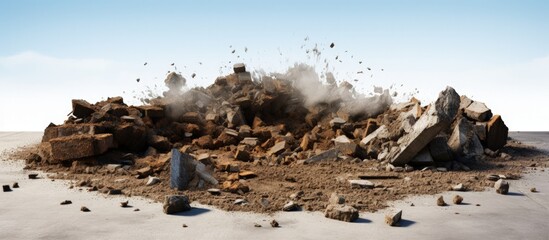 Debris from demolished concrete roads left on the ground for construction Copy space image Place for adding text or design - obrazy, fototapety, plakaty