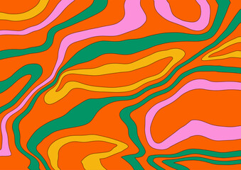 Wavy retro background. Groovy funny pattern. Psychedelic abstract design in 60s 70s retro vibe. Funky print fluid trippy design. Bright vibrant colors. Vector Abstract background for banner, cover.