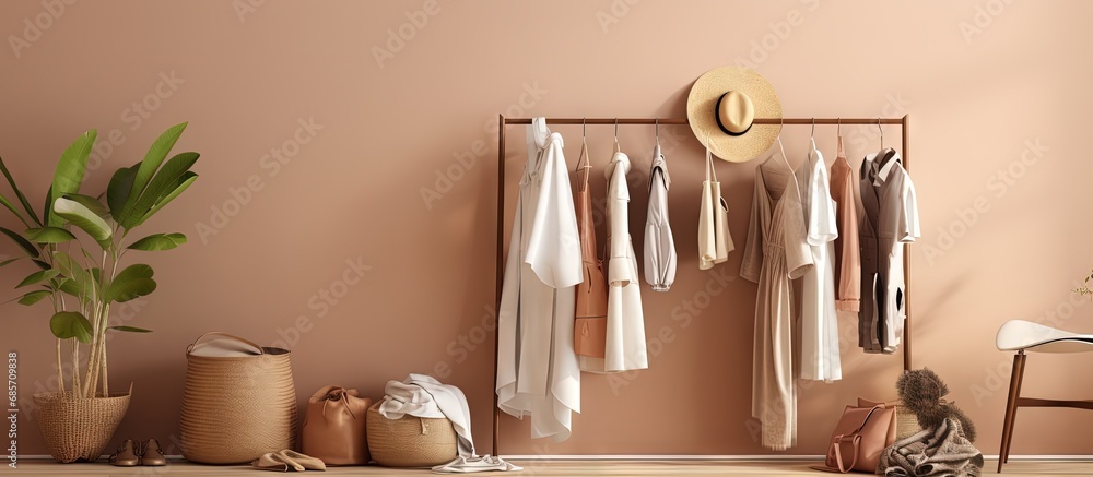 Poster Contemporary closet with trendy spring attire and accessories Copy space image Place for adding text or design