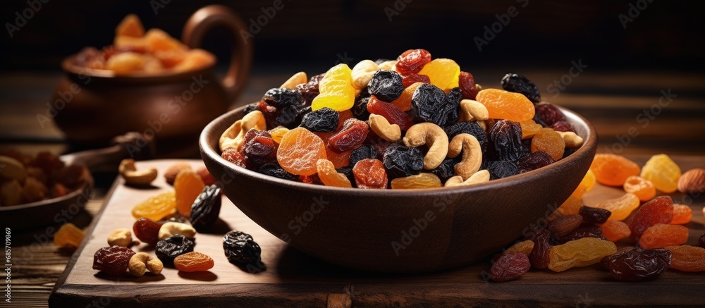 Aufkleber dried fruits mix in bowl old wooden background selective focus copy space image place for adding tex