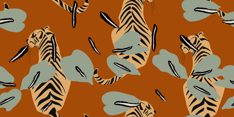 Tigers seamless pattern. Creative collage pattern. Fashionable template for design.