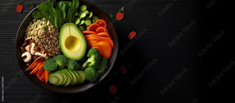 Poster Bowl with various ingredients on black background top view free space for text Copy space image Place for adding text or design