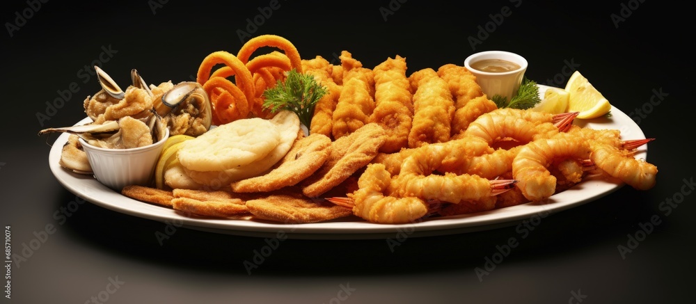 Poster Assorted fried seafood platter Copy space image Place for adding text or design