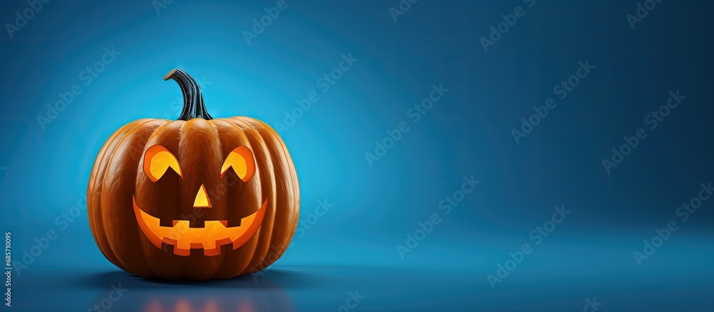 Poster blue background with a creative halloween concept and kids pumpkin craft copy space image place for 