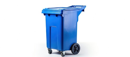 Blue recycling bin on white background Copy space image Place for adding text or design