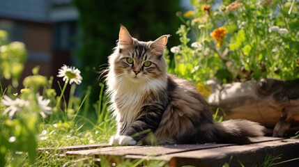 Beautiful siberian cat with green eyes sitting in garden.