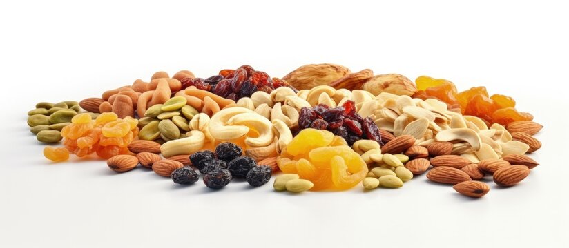 Assorted dried fruits and nuts on a white background Copy space image Place for adding text or design