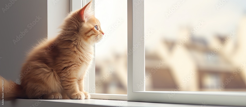 Poster Cute red cat observing from scratching tower Copy space image Place for adding text or design
