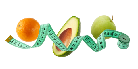 Fresh green avocado, apple and orange fruits and measuring tape flying isolated on white background.