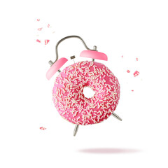 Time for snack dessert. Sweet pink coated glazed donut as alarm clock flying with crumbs and sprinkles isolated on white background.