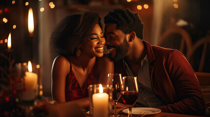 A happy African American couple hugging and kissing, celebrating Valentine’s Day, drinking wine in restaurant, romantic dinner with candles, smiling man and woman in love, anniversary evening