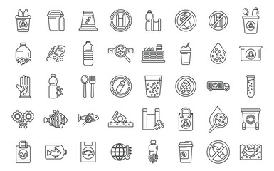 Microplastics pollution icons set outline vector. Fish environment plastic. Ocean dirty recycle - obrazy, fototapety, plakaty