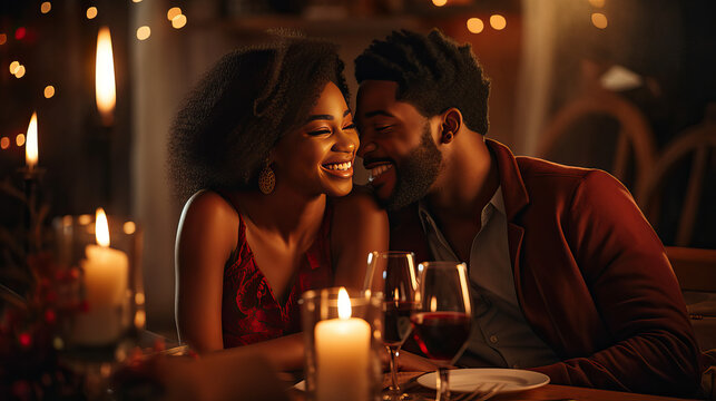 A happy African American couple hugging and kissing, celebrating Valentine’s Day, drinking wine in restaurant, romantic dinner with candles, smiling man and woman in love, anniversary evening