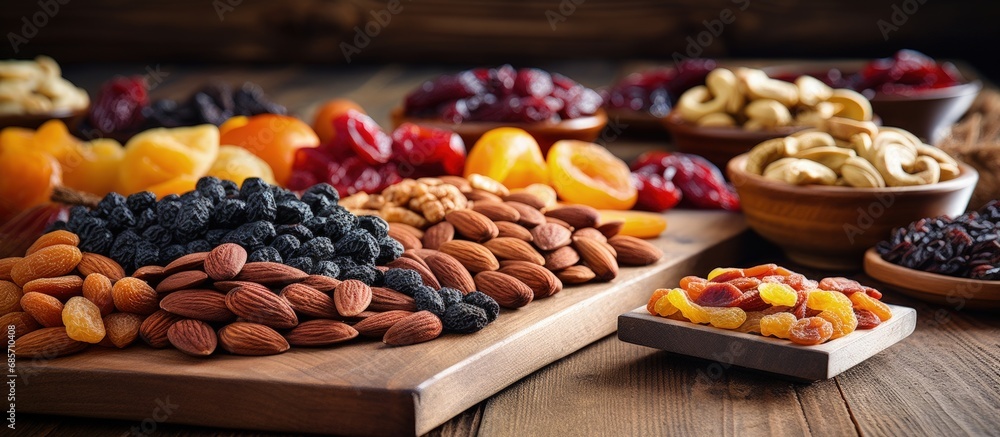 Aufkleber Assorted dried fruits and nuts on antique table Copy space image Place for adding text or design