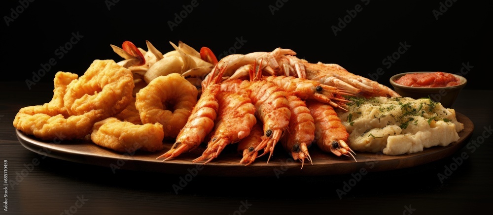 Poster Assorted fried seafood platter Copy space image Place for adding text or design