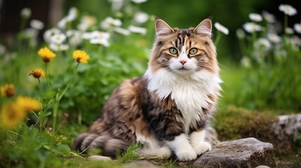 Naklejka na ściany i meble Beautiful fluffy cat with green eyes and long hair sitting in the garden