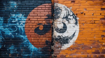 Brick wall with Yin and yang graffiti. Yin and yang Concept. Yoga Concept. Yin and Yang. Oriental Concept. Street art concept.