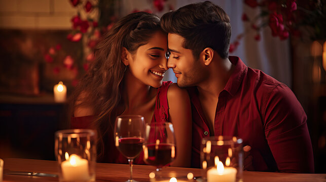 A young couple hugging and kissing at dinner table, celebrating Valentine’s day, having a romantic date with candles in restaurant or at home, Indian man and woman in love, anniversary evening