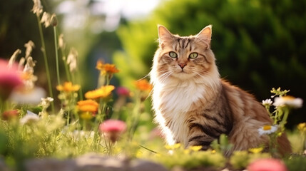 Naklejka na ściany i meble Portrait of a cat on a background of flowers in the garden