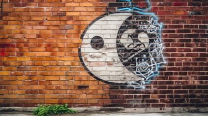 Graffiti on the brick wall. Street art concept. Urban Contemporary Culture. Yin and yang Concept. Yoga Concept. Yin and Yang. Oriental Concept. Street art concept.